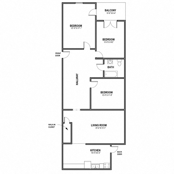 Floor plan for 3 beds, 1 bath, 1375 sqft